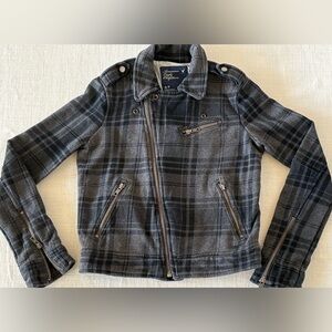 American Eagle Womens Plaid Fleece Moto Jacket Size XS Gray Zip Sleeves Cotton
